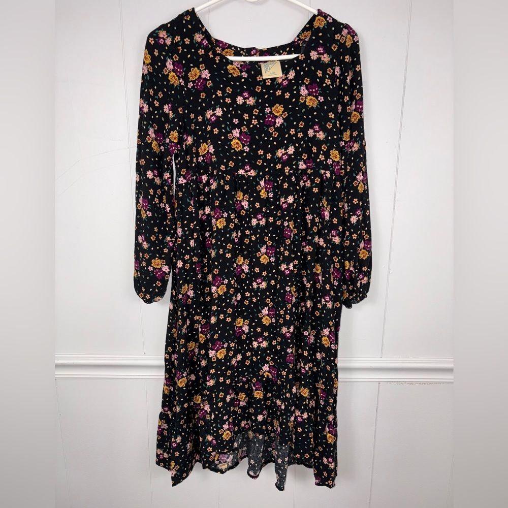 There Abouts Floral Challis Black Flowy Dress XL/16 Cottagecore Fairy Spring